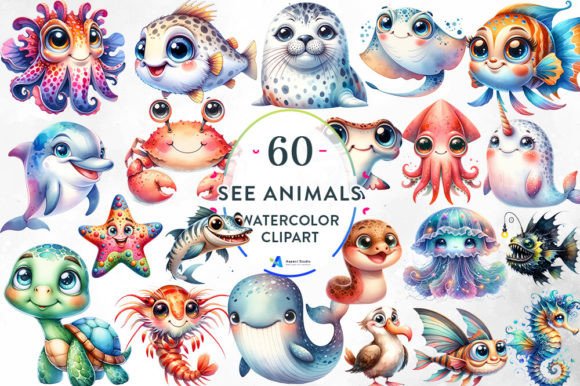 60 Pastel Sea Animal Watercolor Clipart