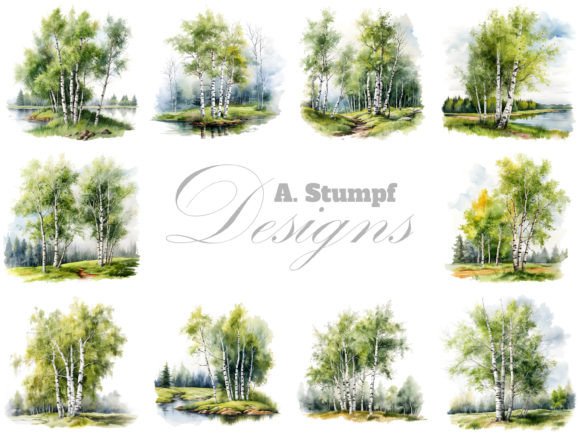 Birch Tree Watercolor Botanical Clipart for Modern Design