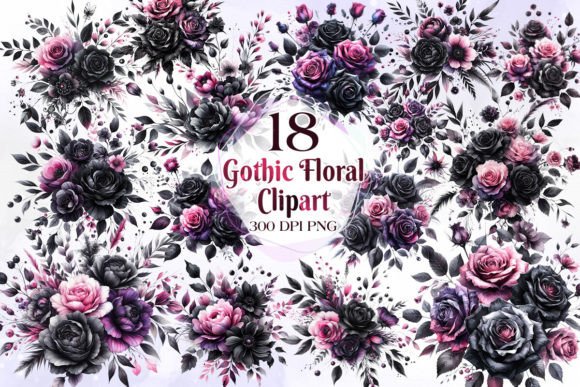 Gothic Floral Watercolor Clipart Bundle