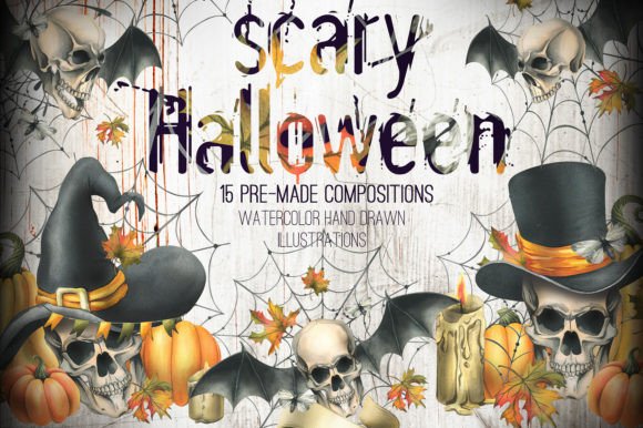 Halloween Skulls Watercolor Clip Art