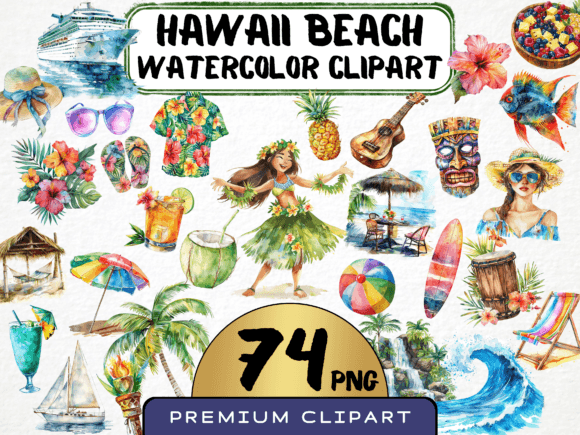 Hawaii Beach Watercolor Clipart for Designers
