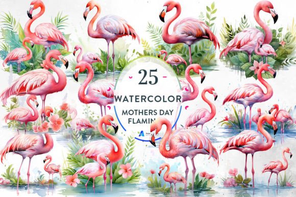 Mothers Day Flamingo Watercolor Clipart for Creative Projects