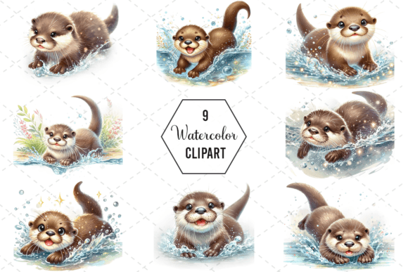 Otter Splash Watercolor Clipart Bundle