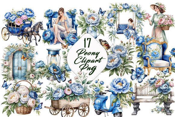 Peony Floral Watercolor Clipart Bundle