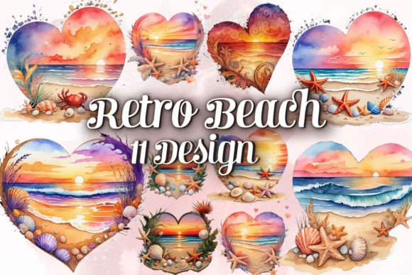 Retro Beach Heart Watercolor Clipart