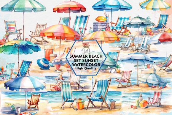 Summer Beach Set Sunset Watercolor: A Design Asset with Warmth and Movement