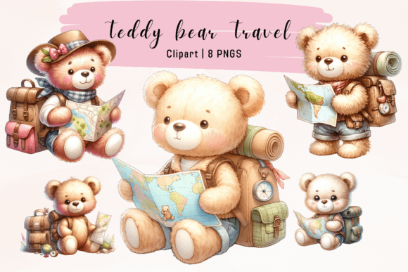 Teddy Bear Travel Clipart Watercolor PNG