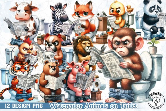 Watercolor Animals on Toilet Clipart PNG
