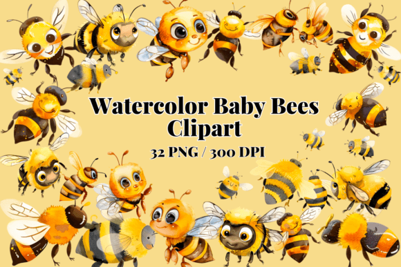 Watercolor Baby Bees Clipart Bundle Set