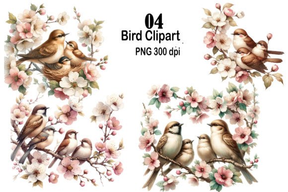 Watercolor Bird with Floral Clipart