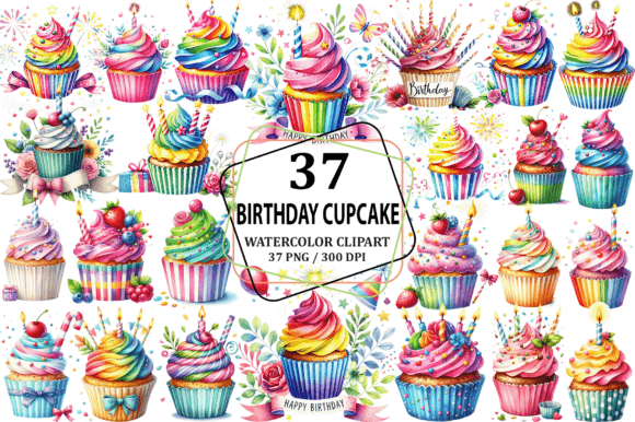 Watercolor Birthday Cupcake Clipart PNG
