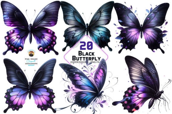 Watercolor Black Butterfly Clipart PNG