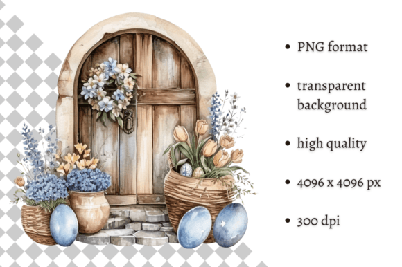Watercolor Blue Easter Door Illustration