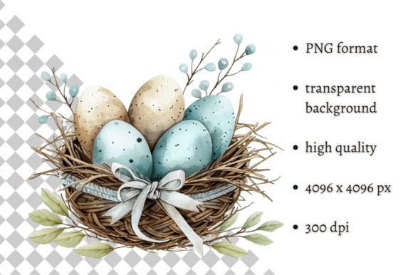 Watercolor Blue Easter Eggs Nest PNG