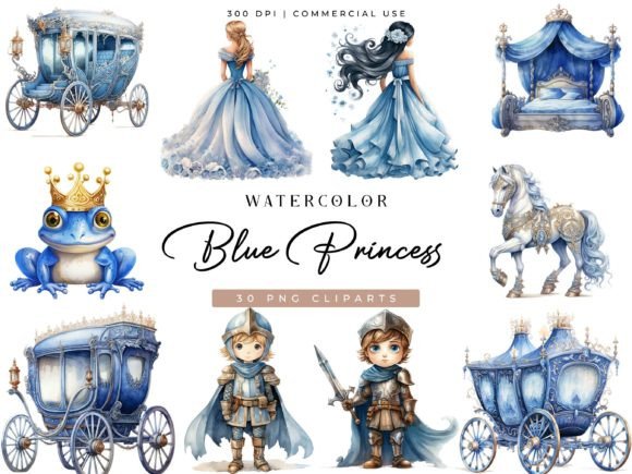 Watercolor Blue Princess Clipart in Design