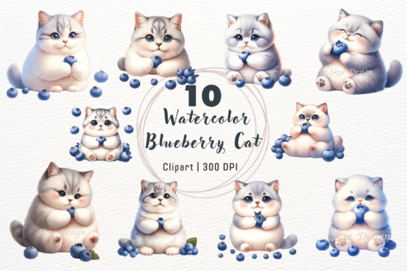Watercolor Blueberry Cat Clipart for Creative Projects
