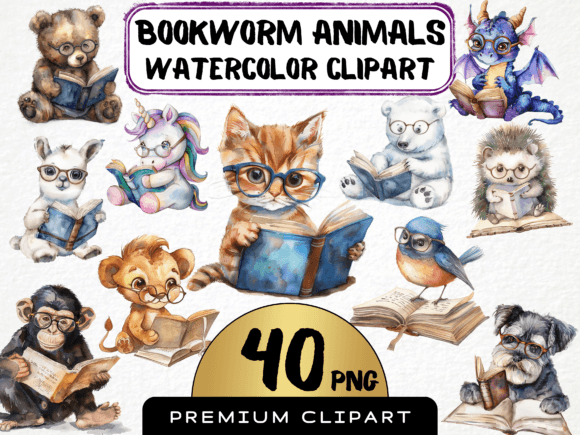Watercolor Bookworm Animals Clipart PNG for Creative Projects