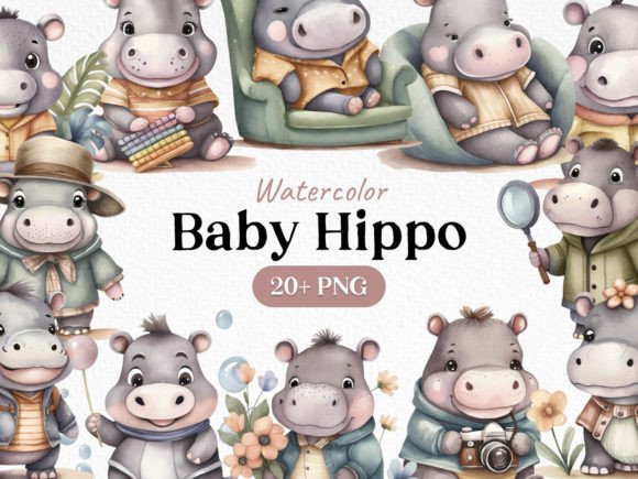 Watercolor Bundle Baby Hippo Clipart PNG for Playful Branding