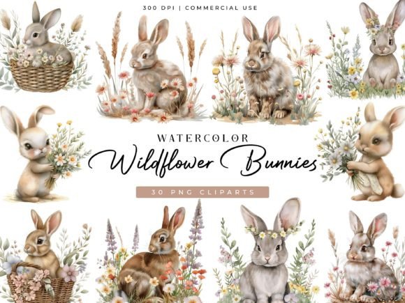 Watercolor Bunnies Wildflower Clipart for Creative Projects