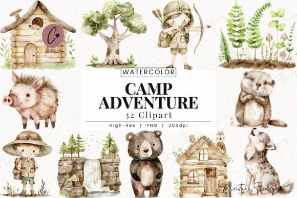 Watercolor Camp Adventure Clipart Guide