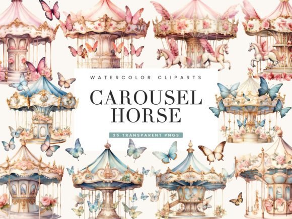 Watercolor Carousel Horse Clipart Bundle