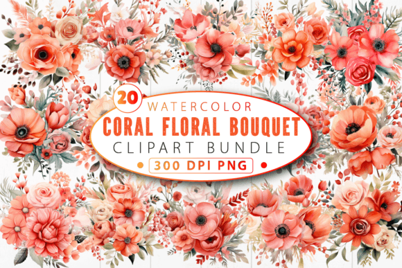 Watercolor Coral Floral Bouquet Clipart