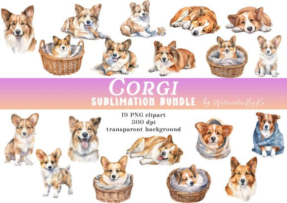 Watercolor Corgi Dog Bundle Clipart