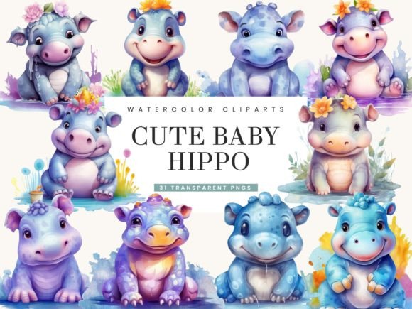 Watercolor Cute Baby Hippo Clipart Png