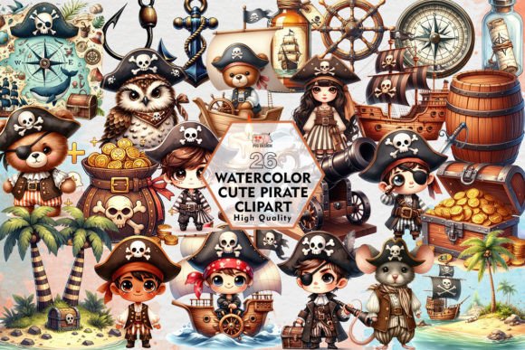 Watercolor Cute Pirate Clipart PNG