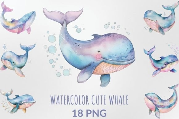 Watercolor Cute Whale Sublimation Bundle