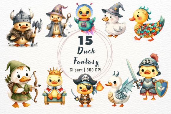 Watercolor Duck Fantasy Clipart: Creative Design Assets