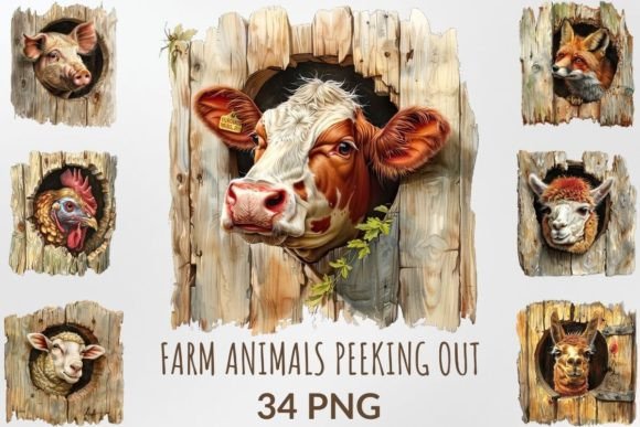 Watercolor Farm Animals Peeking Out