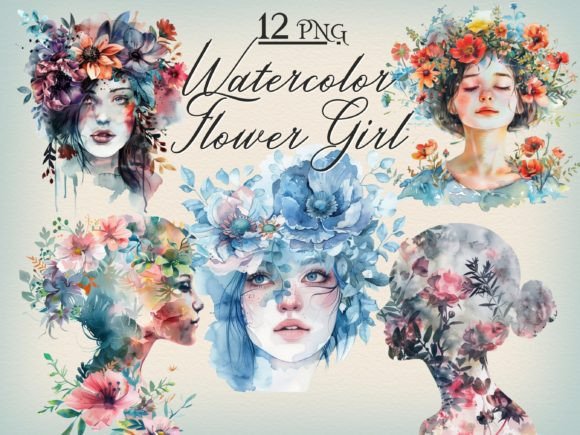 Watercolor Flower Girl PNG Bundle for Creative Projects