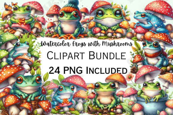 Watercolor Frogs with Mushrooms Clipart