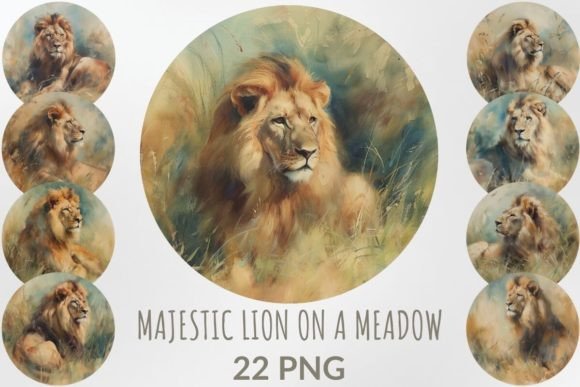 Watercolor Majestic Lion on a Meadow