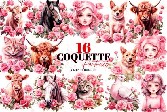 Watercolor Pink Roses Coquette Portraits