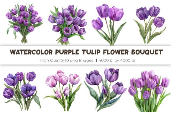 Watercolor Purple Tulip Flower Bouquet