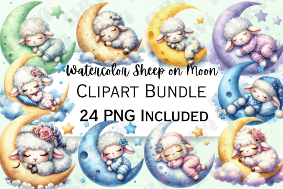 Watercolor Sheep on Moon Clipart for Dreamy Design