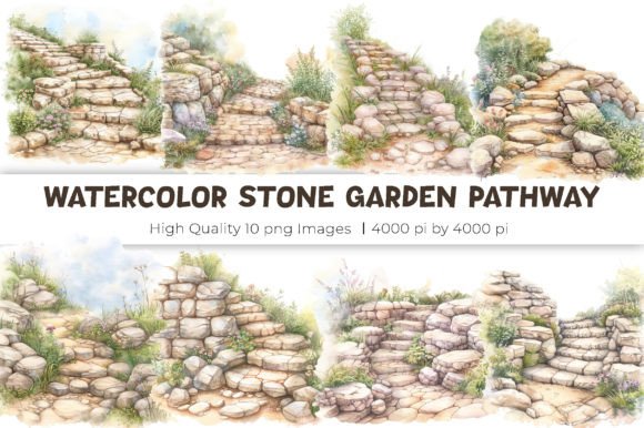 Watercolor Stone Garden Pathway Clipart