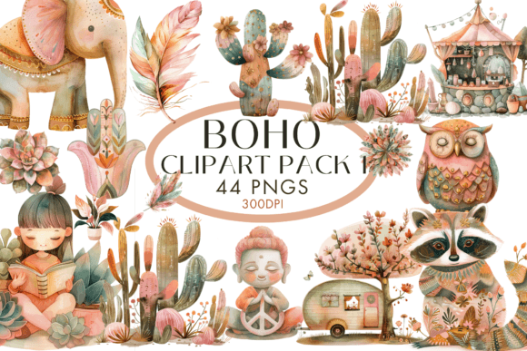 Watercolour Boho Clipart 44pngs for Creative Projects