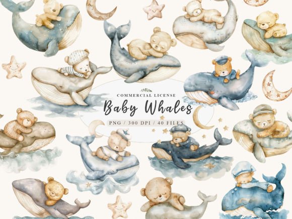 Whale Watercolor Clipart & Blue Whale PNG